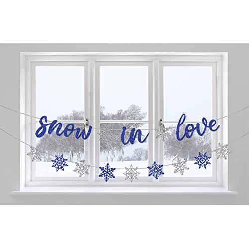 Snow In Love Banner, Glitter Silver Winter Bridal Shower Banner, Winter Wedding Party Decor, Winter Engagement Party Decorations (Blue)