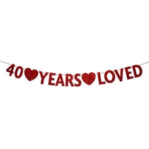 red 40 year loved banner, red glitter happy 40th birthday party decorations, supplies