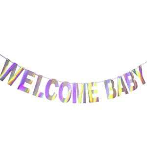 blukey holographic welcome baby banner hanging bunting string flag iridescent white baby shower decorations banners and signs
