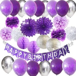 birthday party decorations for women purple silver happy birthday banner purple balloons polka dot paper fans/girl purple birthday/women 40th/50th/60th purple birthday party decorations