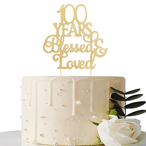 100 years blessed loved Cake Topper - Gold Glitter Love Party Theme Decoration - Ideal Background Celebration Photo Props Gift - Hello 100, Cheers to 100 Years (100 years blessed loved)