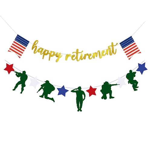 Ptriotic Soldier Happy Retirement Banner,Military ARMY/NAVY/AIR FORCE/Marine Corps Retirement Party Decoration