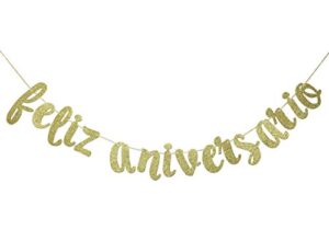 feliz aniversario banner for happy birthday wedding anniversary party decorations spanish fiesta mexican theme sign photo backdrop (gold glitter)