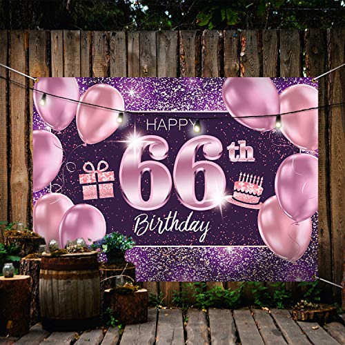 PAKBOOM Happy 66th Birthday Banner Backdrop - 66 Birthday Party Decorations Supplies for Women - Pink Purple Gold 4 x 6ft