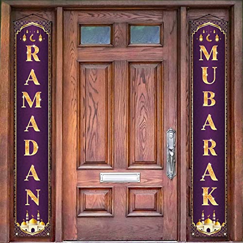 Ramadan Mubarak Decoration Banner Set Ramadan Kareem Porch Hanging Sign Islamic Eid Festival Celebration Welcome Wall Flag Muslim Party Decor (Purple)