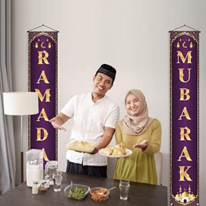 Ramadan Mubarak Decoration Banner Set Ramadan Kareem Porch Hanging Sign Islamic Eid Festival Celebration Welcome Wall Flag Muslim Party Decor (Purple)