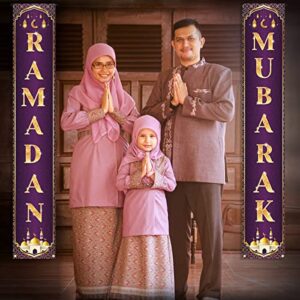 Ramadan Mubarak Decoration Banner Set Ramadan Kareem Porch Hanging Sign Islamic Eid Festival Celebration Welcome Wall Flag Muslim Party Decor (Purple)