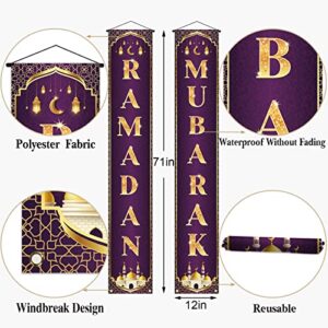 Ramadan Mubarak Decoration Banner Set Ramadan Kareem Porch Hanging Sign Islamic Eid Festival Celebration Welcome Wall Flag Muslim Party Decor (Purple)