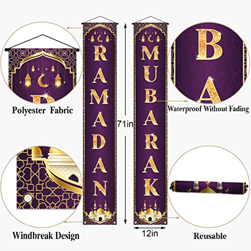 Ramadan Mubarak Decoration Banner Set Ramadan Kareem Porch Hanging Sign Islamic Eid Festival Celebration Welcome Wall Flag Muslim Party Decor (Purple)