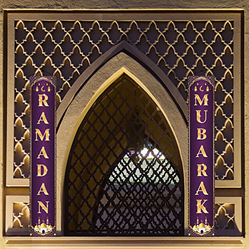 Ramadan Mubarak Decoration Banner Set Ramadan Kareem Porch Hanging Sign Islamic Eid Festival Celebration Welcome Wall Flag Muslim Party Decor (Purple)