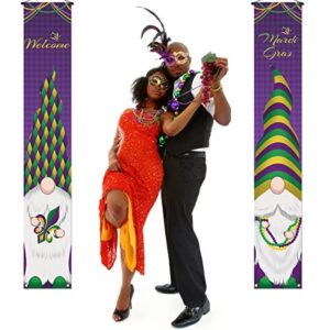 Mardi Gras Gnome Porch Banner Fleur De Lis Beads New Orleans Carnival Holiday Front Door Sign Wall Hanging Party Decoration