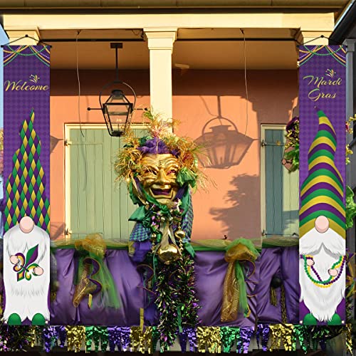 Mardi Gras Gnome Porch Banner Fleur De Lis Beads New Orleans Carnival Holiday Front Door Sign Wall Hanging Party Decoration