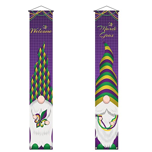 Mardi Gras Gnome Porch Banner Fleur De Lis Beads New Orleans Carnival Holiday Front Door Sign Wall Hanging Party Decoration