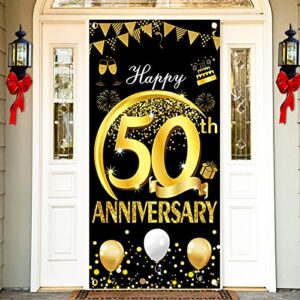 kauayurk happy 50th anniversary door banner backdrop decorations, large 50th wedding anniversary door cover party sign supplies, black gold happy 50th anniversary poster decor