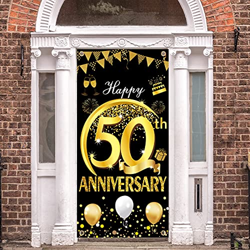 Kauayurk Happy 50th Anniversary Door Banner Backdrop Decorations, Large 50th Wedding Anniversary Door Cover Party Sign Supplies, Black Gold Happy 50th Anniversary Poster Decor