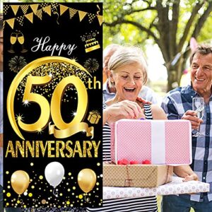 Kauayurk Happy 50th Anniversary Door Banner Backdrop Decorations, Large 50th Wedding Anniversary Door Cover Party Sign Supplies, Black Gold Happy 50th Anniversary Poster Decor