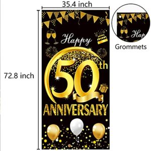 Kauayurk Happy 50th Anniversary Door Banner Backdrop Decorations, Large 50th Wedding Anniversary Door Cover Party Sign Supplies, Black Gold Happy 50th Anniversary Poster Decor