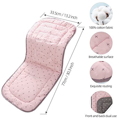 Baby Carriage Cushion, Universal Breathable Stroller Mat, Stroller Cushion for Strollers 100% Cotton, 34x78cm,1 Pack (Pink+Grey Cross)