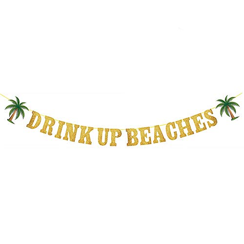 YiiiGoood Gold Glittery Drink Up Beaches Banner Palm Coconut Tree Garland Tropical Beach Bachelorette Bunting Hawaii Luau Tropical Summe Bachelorette Beach Party Decorations