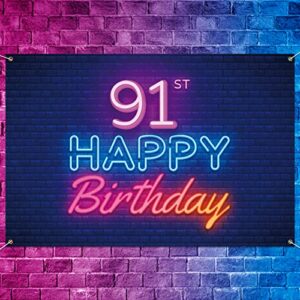 glow neon happy 91st birthday backdrop banner decor black – colorful glowing 91 years old birthday party theme decorations for men women supplies