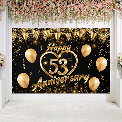 Happy 53rd Anniversary Backdrop Banner Decor Black Gold – Glitter Love Heart Happy 53 Years Wedding Anniversary Party 3.9 x 5.9 ft