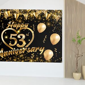 Happy 53rd Anniversary Backdrop Banner Decor Black Gold – Glitter Love Heart Happy 53 Years Wedding Anniversary Party 3.9 x 5.9 ft