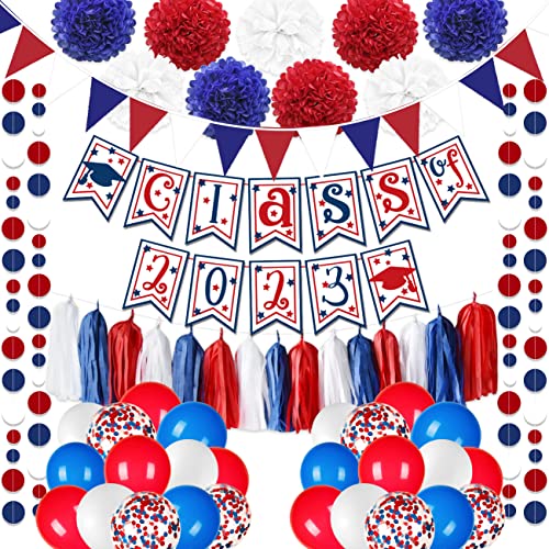 Graduation Party Decorations 2023 Red and Blue Class of 2023 Banner Paper Pompom Congrats Grad Party Balloon Garland Kit for Graduation Party Supplies