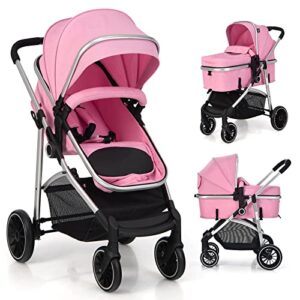 baby joy 2 in 1 convertible baby stroller, high landscape baby stroller w/reversible seat, removable footmuff, adjustable backrest & canopy, foldable infant pram stroller for 0-36 months babies, pink