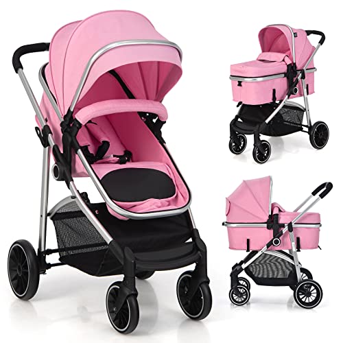 BABY JOY 2 in 1 Convertible Baby Stroller, High Landscape Baby Stroller w/Reversible Seat, Removable Footmuff, Adjustable Backrest & Canopy, Foldable Infant Pram Stroller for 0-36 Months Babies, Pink