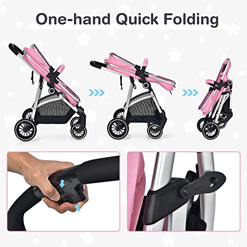 BABY JOY 2 in 1 Convertible Baby Stroller, High Landscape Baby Stroller w/Reversible Seat, Removable Footmuff, Adjustable Backrest & Canopy, Foldable Infant Pram Stroller for 0-36 Months Babies, Pink