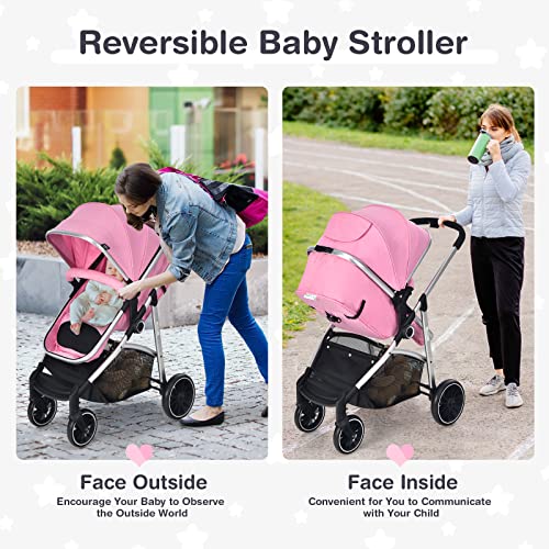 BABY JOY 2 in 1 Convertible Baby Stroller, High Landscape Baby Stroller w/Reversible Seat, Removable Footmuff, Adjustable Backrest & Canopy, Foldable Infant Pram Stroller for 0-36 Months Babies, Pink