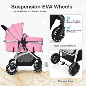 BABY JOY 2 in 1 Convertible Baby Stroller, High Landscape Baby Stroller w/Reversible Seat, Removable Footmuff, Adjustable Backrest & Canopy, Foldable Infant Pram Stroller for 0-36 Months Babies, Pink