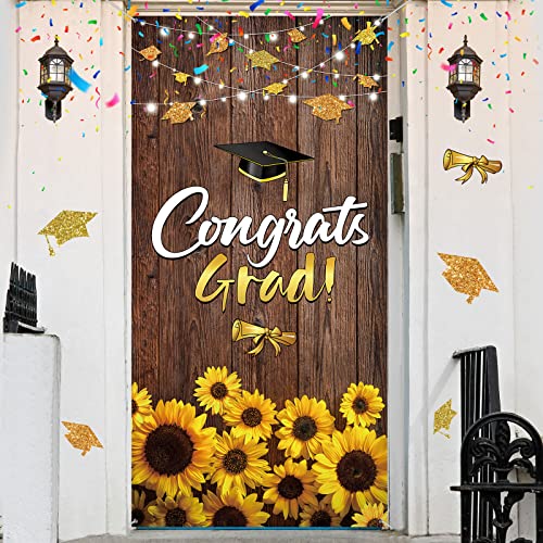 Graduation Party Decorations Graduation Door Cover Congrats Graduation Background Banner Rustic Wood Sunflower Graduation Door Porch Sign Photo Booth Backdrop for Graduation Party Supplies Favors