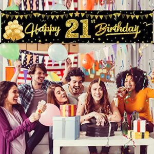 21st Birthday Banner Decorations for Her & Him, Black Gold Happy 21 Year Old Birthday Sign Party Supplies Décor, Twenty First Birthday Photo Banner for Outdoor Indoor