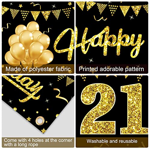 21st Birthday Banner Decorations for Her & Him, Black Gold Happy 21 Year Old Birthday Sign Party Supplies Décor, Twenty First Birthday Photo Banner for Outdoor Indoor