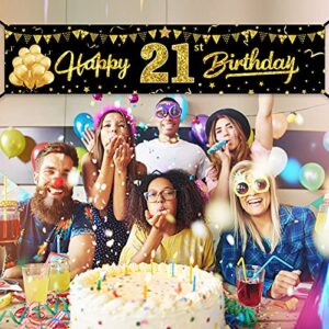 21st Birthday Banner Decorations for Her & Him, Black Gold Happy 21 Year Old Birthday Sign Party Supplies Décor, Twenty First Birthday Photo Banner for Outdoor Indoor