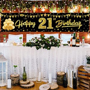 21st Birthday Banner Decorations for Her & Him, Black Gold Happy 21 Year Old Birthday Sign Party Supplies Décor, Twenty First Birthday Photo Banner for Outdoor Indoor