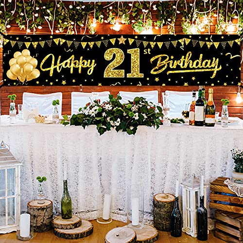 21st Birthday Banner Decorations for Her & Him, Black Gold Happy 21 Year Old Birthday Sign Party Supplies Décor, Twenty First Birthday Photo Banner for Outdoor Indoor