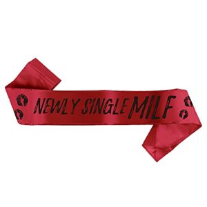 divorce party sash”newly single milf” red with black lettering, funny divorcee divorced gifts for women, happy divorce party decorations, favors, gifts, decoration, supplies set decor queen