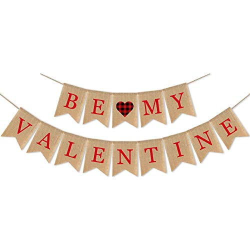 SWYOUN Burlap Be My Valentine Banner Happy Valentine's Day Party Supplies Garland Decoration