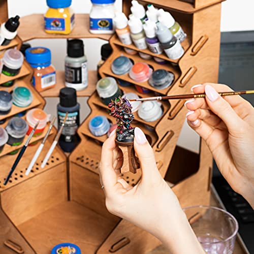 PLYDOLEX Wooden Corner Paint Organizer for 32 Bottles of Paints and 46 Paint Brushes - Paint Rack Organizer with 6 Miniature Stands and Scene for Photo-Shooting - Intended for Miniature Paint Set