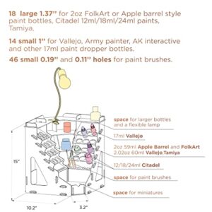 PLYDOLEX Wooden Corner Paint Organizer for 32 Bottles of Paints and 46 Paint Brushes - Paint Rack Organizer with 6 Miniature Stands and Scene for Photo-Shooting - Intended for Miniature Paint Set