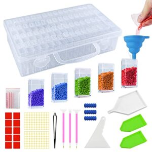 mestop 5d diamond painting storage containers diamond art accessories beads storage box with funnel plate 140pcs label stickers for seeds diy art crafts (64 grids)