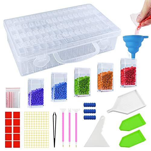 MESTOP 5D Diamond Painting Storage Containers Diamond Art Accessories Beads Storage Box with Funnel Plate 140pcs Label Stickers for Seeds DIY Art Crafts (64 Grids)