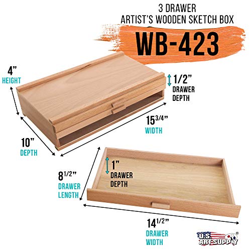 U.S. Art Supply 3-Drawer Artist Wood Pastel, Pen, Marker Storage Box