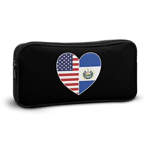 El Salvador and America Flag Heart Pencil Case Pencil Pouch Coin Pouch Cosmetic Bag Office Stationery Organizer