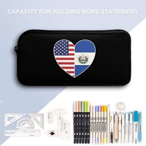 El Salvador and America Flag Heart Pencil Case Pencil Pouch Coin Pouch Cosmetic Bag Office Stationery Organizer