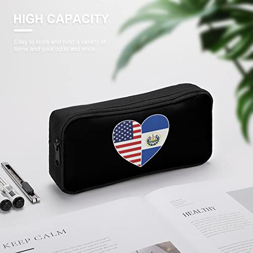 El Salvador and America Flag Heart Pencil Case Pencil Pouch Coin Pouch Cosmetic Bag Office Stationery Organizer