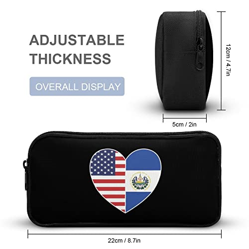 El Salvador and America Flag Heart Pencil Case Pencil Pouch Coin Pouch Cosmetic Bag Office Stationery Organizer