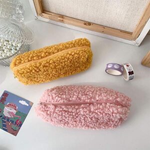 QIANSHENG 5 Pack Faux Lambswool Pencil Case Cute Plush Fuzzy Pen Pouch Bag Kawaii Zipper Cosmetic Bag Make Up Organizer School Office Supplies(Pink, Gray, White,Yellow,Brown)